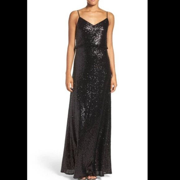 Like New! Jenny Yoo Jules Sequined Scoop Blouson Open Back Gown Black Size 4 - Picture 1 of 16